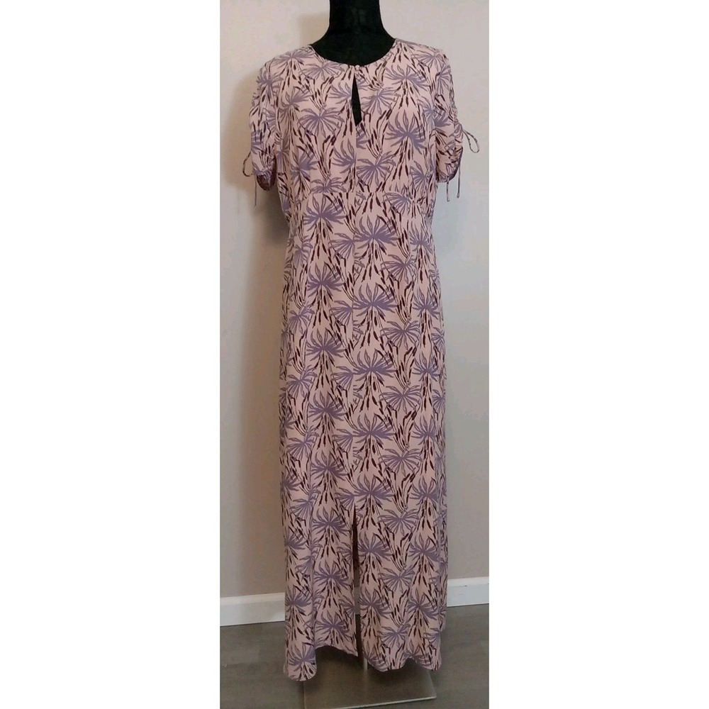 Madewell Women Silk Tie Sleeve Peach lavender Brown Palm‎ Oasis Dress Size 14